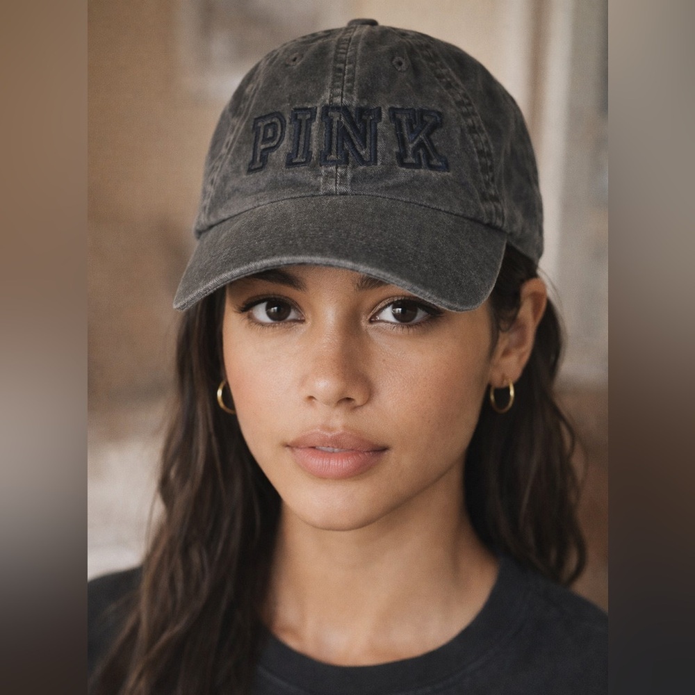PINK Victoria’s Secret Black Charcoal Distressed Logo Baseball Cap One Size